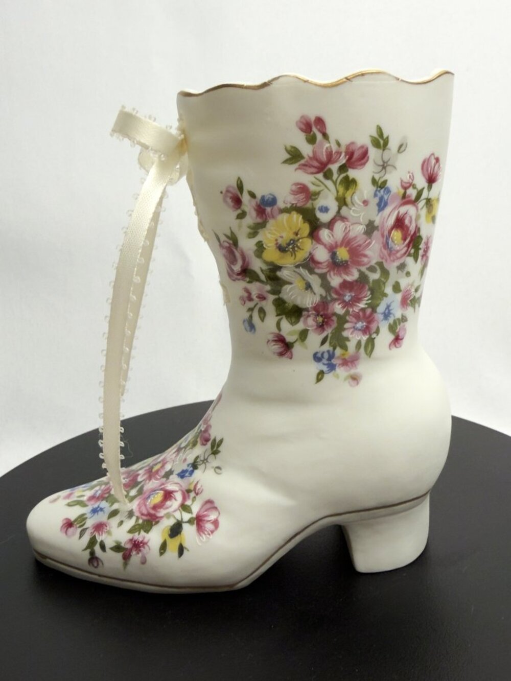 Enesco Porcelain Boot Vase 5" Floral Victorian Shoe Japan Vintage Figurine